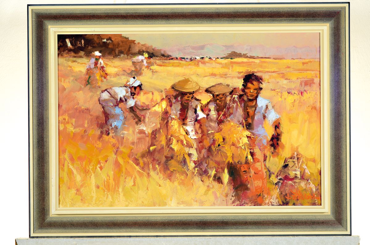 Detail k: Frits Lucien Ohl, 1904 Palembang/Indonesien -1976 Den Haag, indonesische Reisbauern auf dem Feld, Öl/Lwd, rechts unten signiert, ca. 40x60cm, R. ca. ...