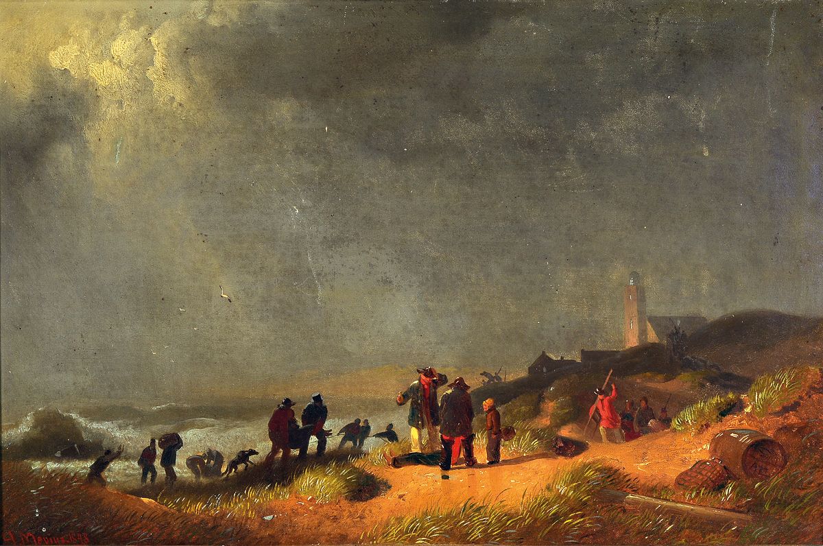 Hermann Mevius, 1820 Breslau-1864 Düsseldorf, Sturmflut, Menschen am Strand, Öl/Lwd, links unten sign. und dat. 1848, ca. 38x56cm, R. ca. 53x72cm