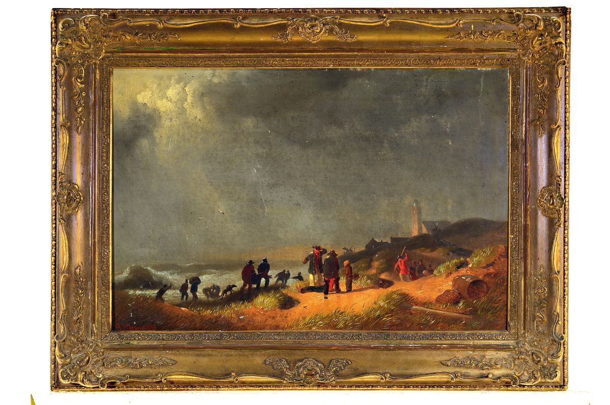 Detail k: Hermann Mevius, 1820 Breslau-1864 Düsseldorf, Sturmflut, Menschen am Strand, Öl/Lwd, links unten sign. und dat. 1848, ca. 38x56cm, R. ca. 53x72cm