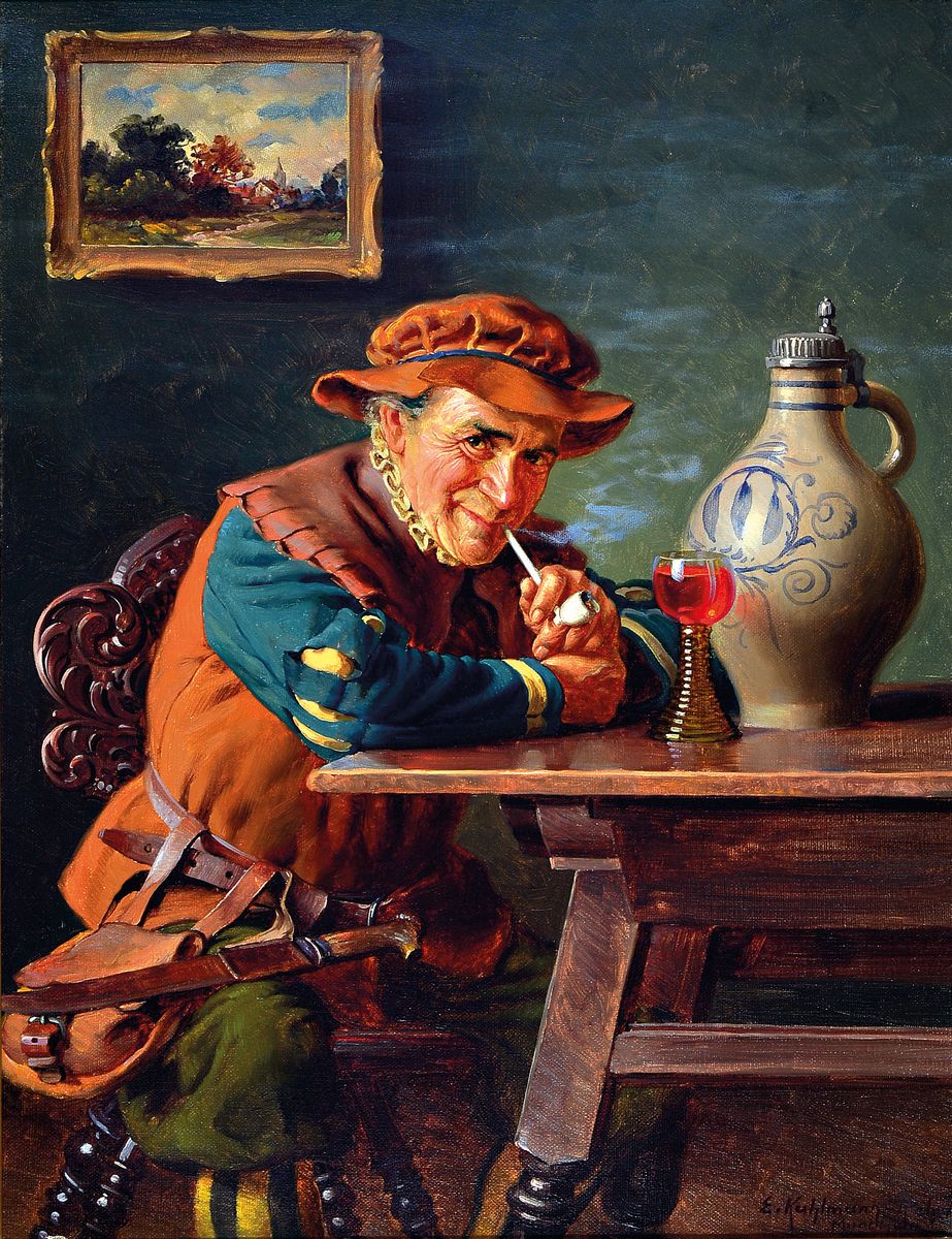 Emil Kuhlmann-Reher, 1886 Reher-1957 München, Pfeifenraucher mit einem Glas Wein am Tisch, Öl/Lwd, rechts unten signiert, ca. 47x37cm, ...