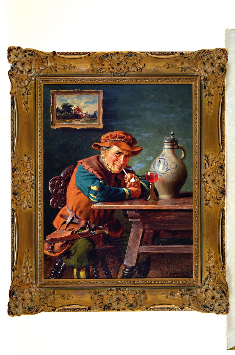 Detail k: Emil Kuhlmann-Reher, 1886 Reher-1957 München, Pfeifenraucher mit einem Glas Wein am Tisch, Öl/Lwd, rechts unten signiert, ca. 47x37cm, ...