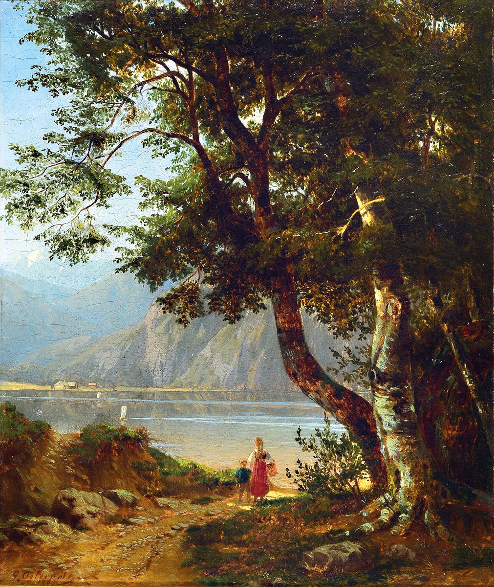 Gustav Osterroht, 1836 Stendsitz-1874 Karlsruhe, Mutter mit Kind am Ufer des Königsee unter einem mächtigen Baum, Öl/Lwd, links unten signiert und ...