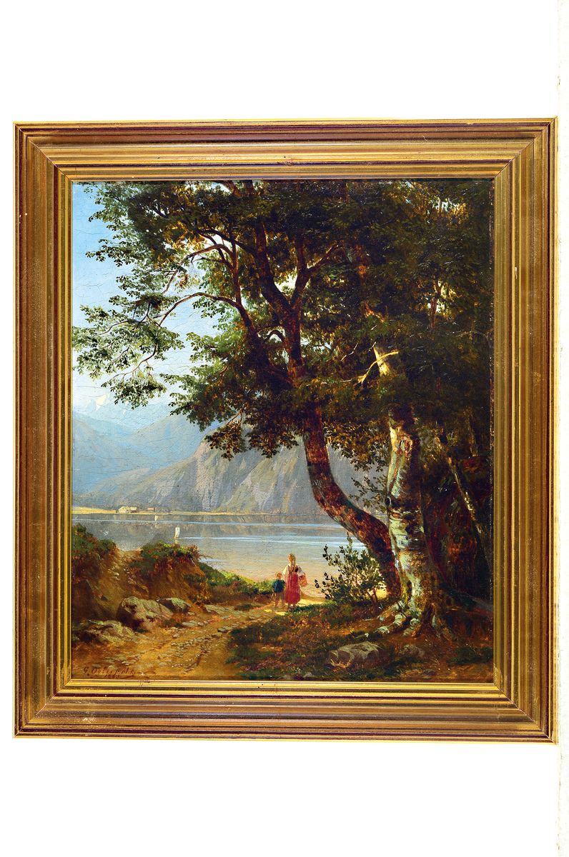 Detail k: Gustav Osterroht, 1836 Stendsitz-1874 Karlsruhe, Mutter mit Kind am Ufer des Königsee unter einem mächtigen Baum, Öl/Lwd, links unten signiert und ...