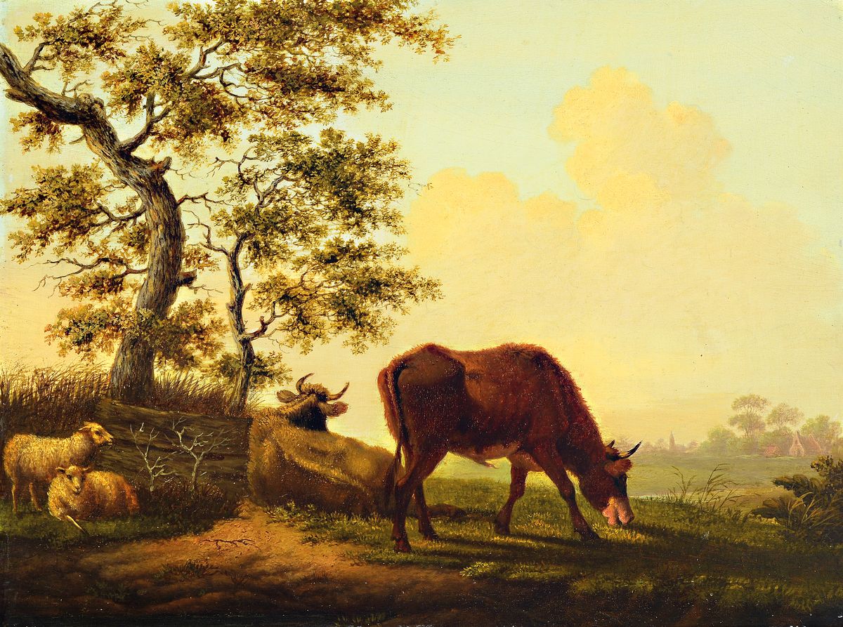 Zuschreibung: Jacob van Strij, 1756-1815 Dordrecht, grasende Kühe und Schafe unter einem knorrigen Baum, Öl/Holz, unsign., ca. 29x38cm, R. ca. ...