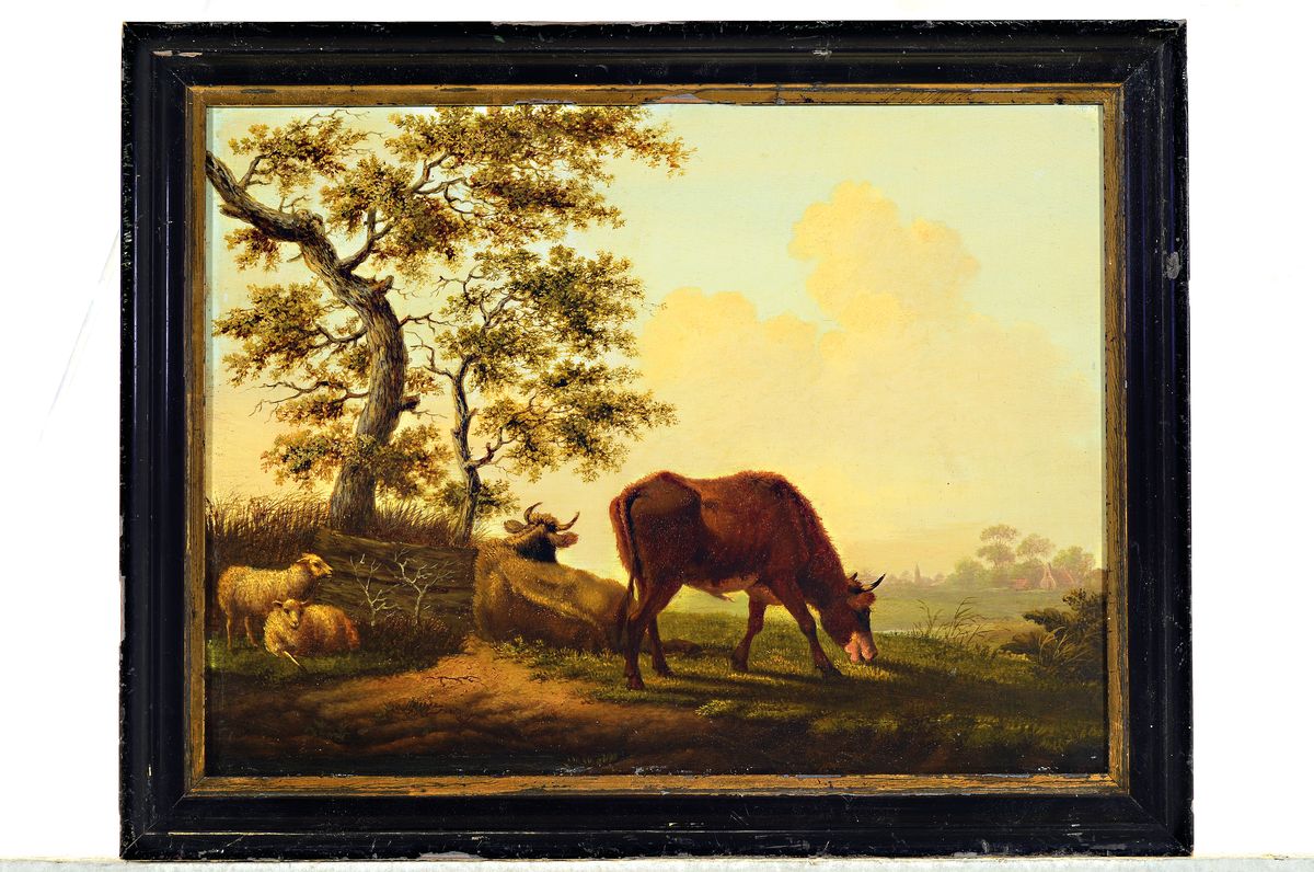 Detail k: Zuschreibung: Jacob van Strij, 1756-1815 Dordrecht, grasende Kühe und Schafe unter einem knorrigen Baum, Öl/Holz, unsign., ca. 29x38cm, R. ca. ...