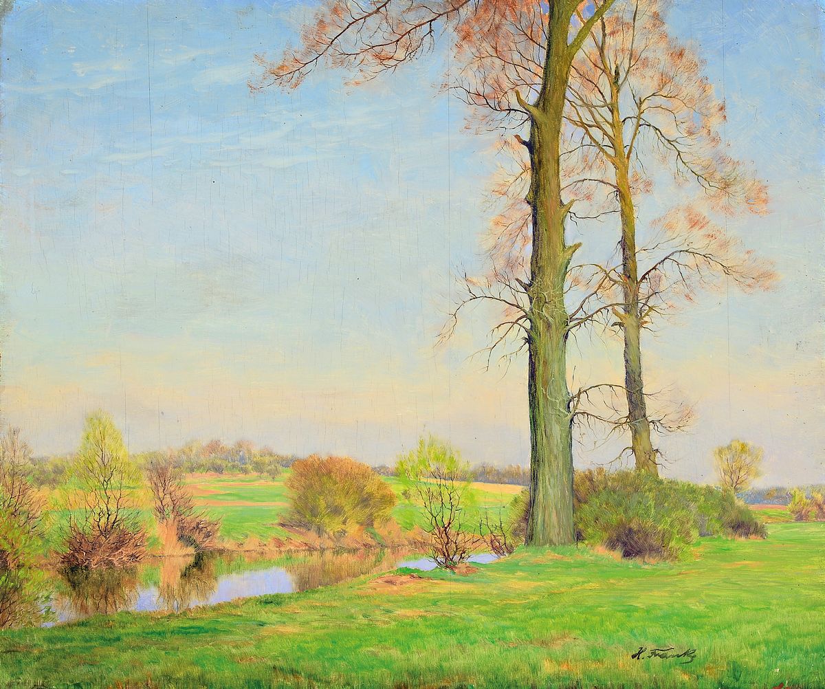 Hanny Franke, 1890 Koblenz-1973 Frankfurt a.M., Studium am Städelschen Institut, hier: Landschaft mit Baum bestandenem Bachlauf, Öl/Malkarton, ...