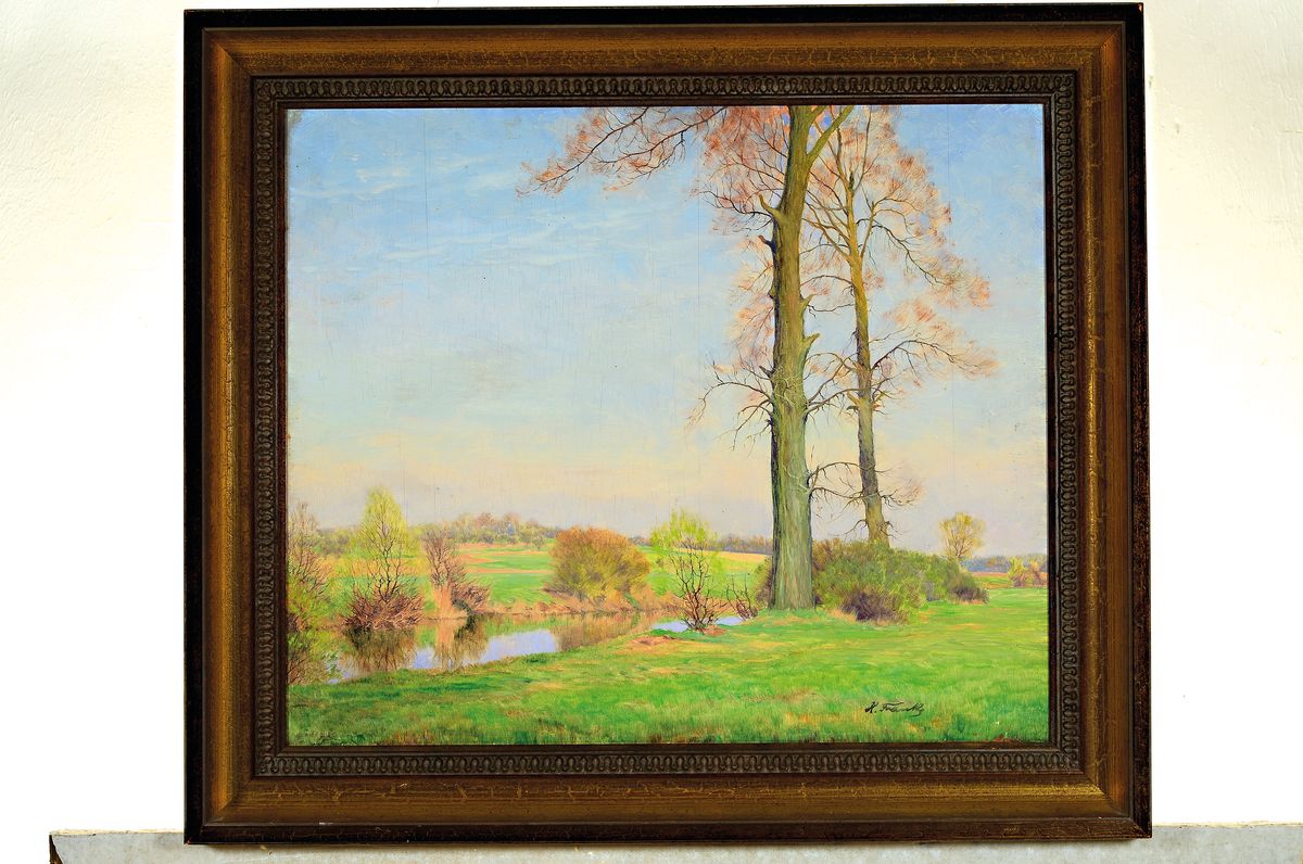 Detail k: Hanny Franke, 1890 Koblenz-1973 Frankfurt a.M., Studium am Städelschen Institut, hier: Landschaft mit Baum bestandenem Bachlauf, Öl/Malkarton, ...