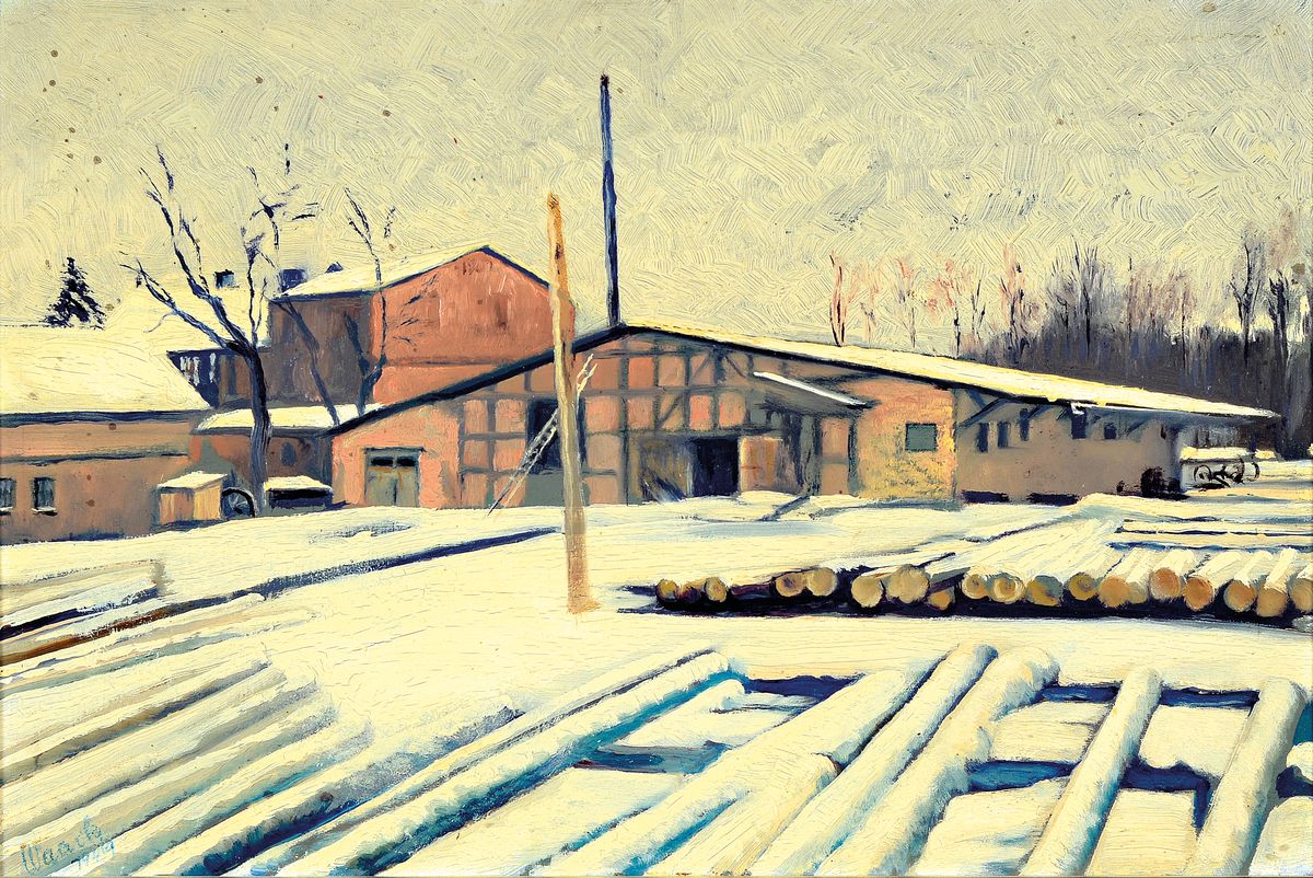 Alfred Waack, 1895-1964, Gründungsmitglied der Assoziation revolutionärer bildender Künstler Deutschlands, hier: Schneebedecktes Sägewerk bei ...