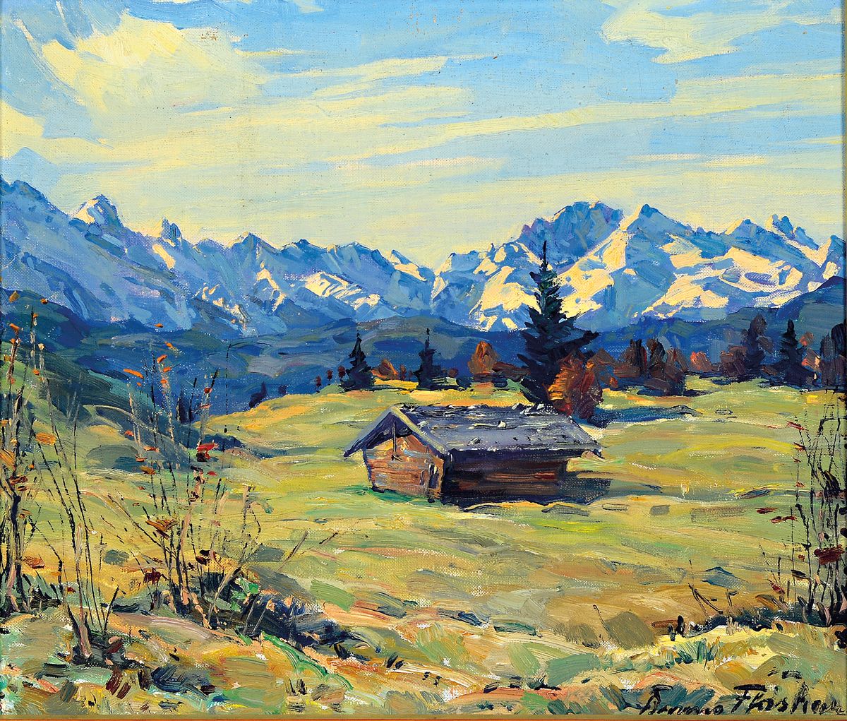 Bruno Flashar, 1887-1961 München, Hütte in den Alpen, Öl/Lwd, rechts unten signiert, ca. 30x35cm, R. ca. 38x43cm