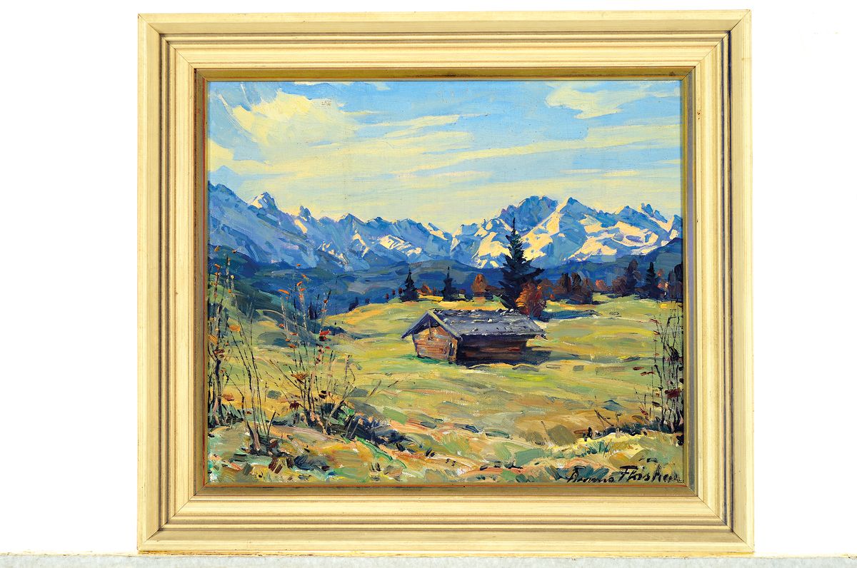 Detail k: Bruno Flashar, 1887-1961 München, Hütte in den Alpen, Öl/Lwd, rechts unten signiert, ca. 30x35cm, R. ca. 38x43cm