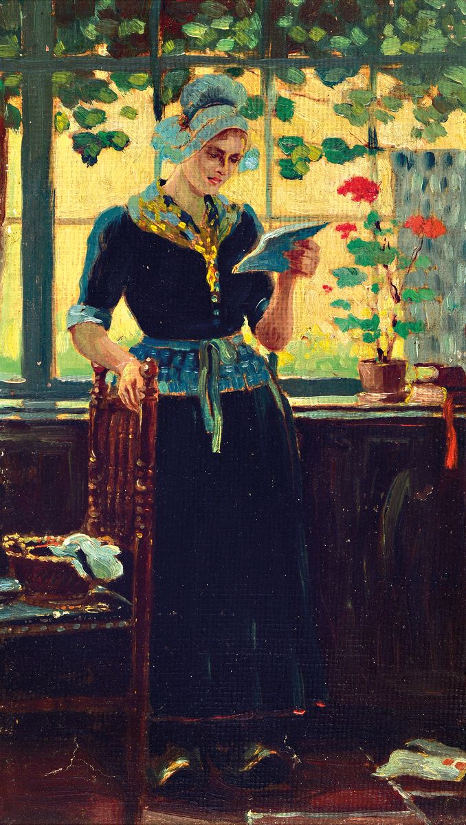 Carl Schmitz-Pleis, 1877 Lüdenscheid-1943 Düsseldorf, Junge Holländerin lesend vor dem Fenster, Öl/Malkarton, rückseitig Nachlaßstempel, ca. ...