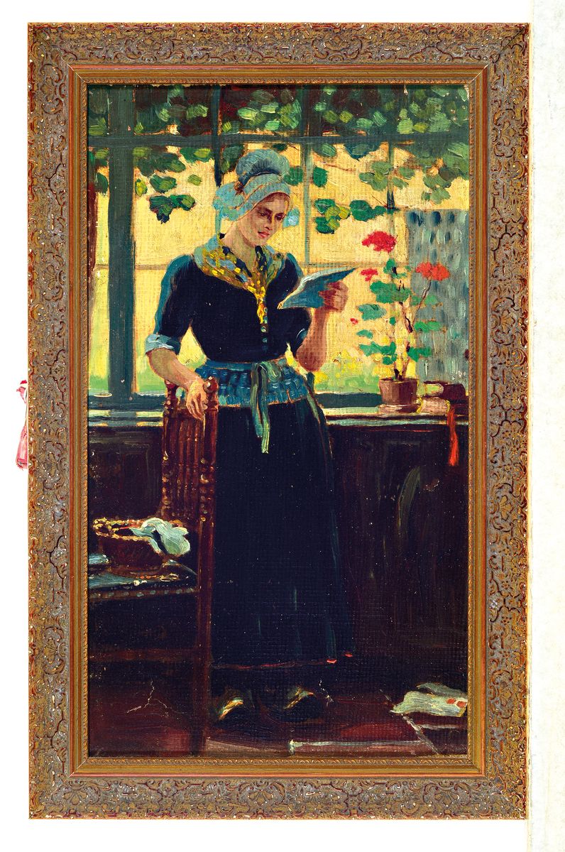 Detail k: Carl Schmitz-Pleis, 1877 Lüdenscheid-1943 Düsseldorf, Junge Holländerin lesend vor dem Fenster, Öl/Malkarton, rückseitig Nachlaßstempel, ca. ...
