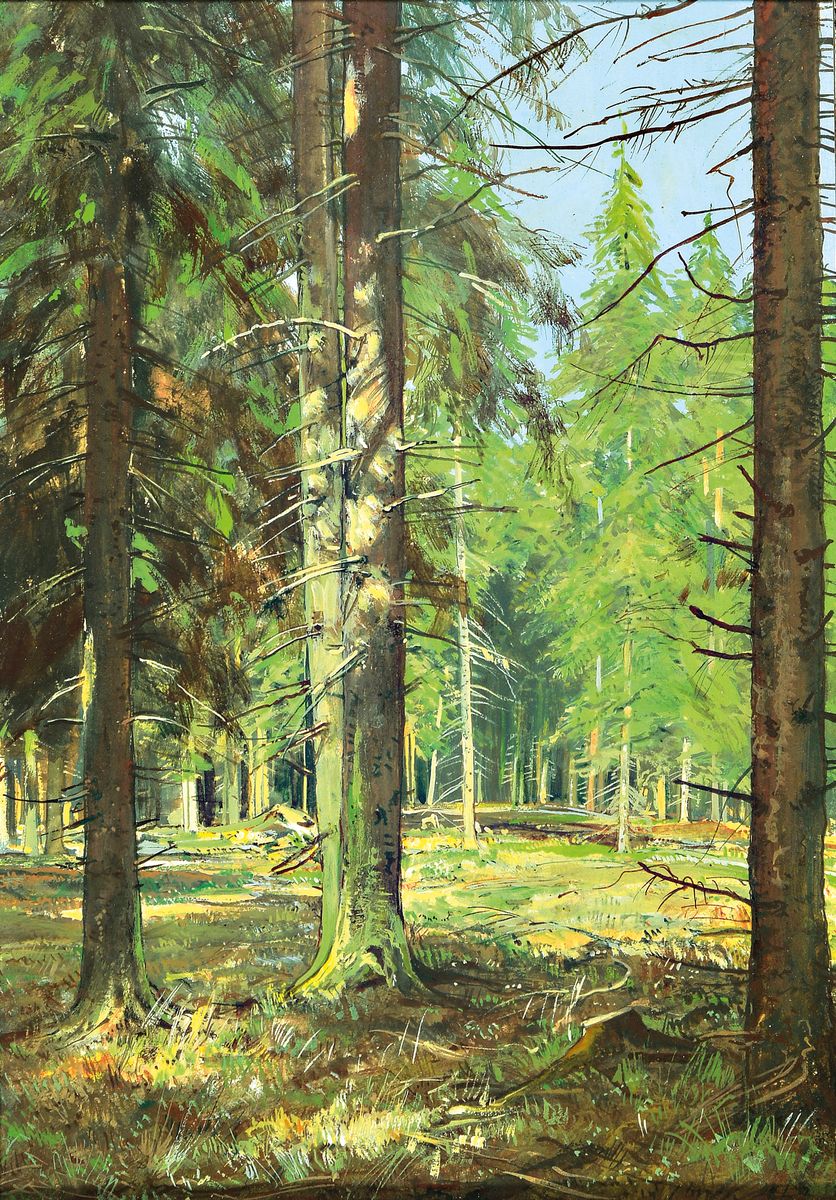 Franz Josef Blaschke, 1916-1984 Köln, Sommerliche Waldlichtung im Königsforst bei Köln, Gouache auf Papier, rückseitig betitelt und signiert, ca. ...