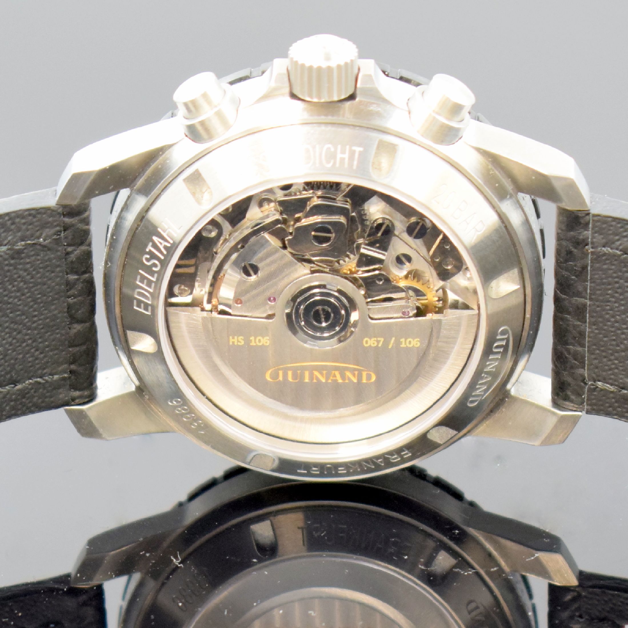 Detail e: GUINAND Jubiläums-Armbandchronograph in Stahl, Automatik, Schweiz/Deutschland um 2016, auf 106 Stk. limitiertes Sondermodell, orig. Lederband m. ...