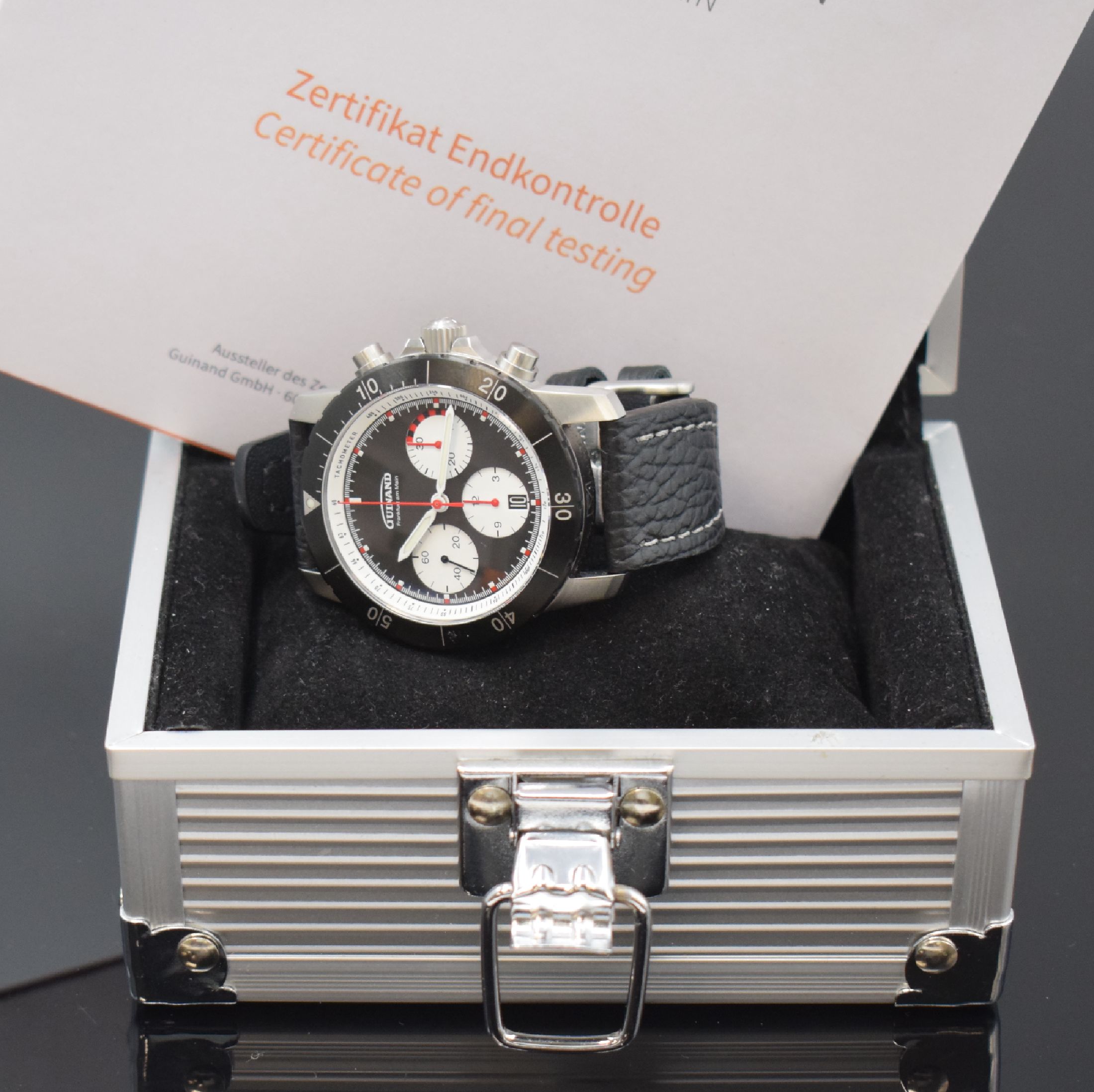 Detail f: GUINAND Jubiläums-Armbandchronograph in Stahl, Automatik, Schweiz/Deutschland um 2016, auf 106 Stk. limitiertes Sondermodell, orig. Lederband m. ...