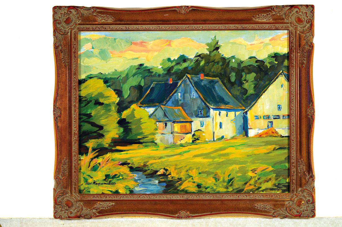 Detail k: Rudolf Karpenstein, 1892-1974 Idar-Oberstein, Mühle am Hochwald/Hunsrück, Mischtechnik auf Malkarton, links unten signiert, ca. 34x44cm, u.Gl., R. ...