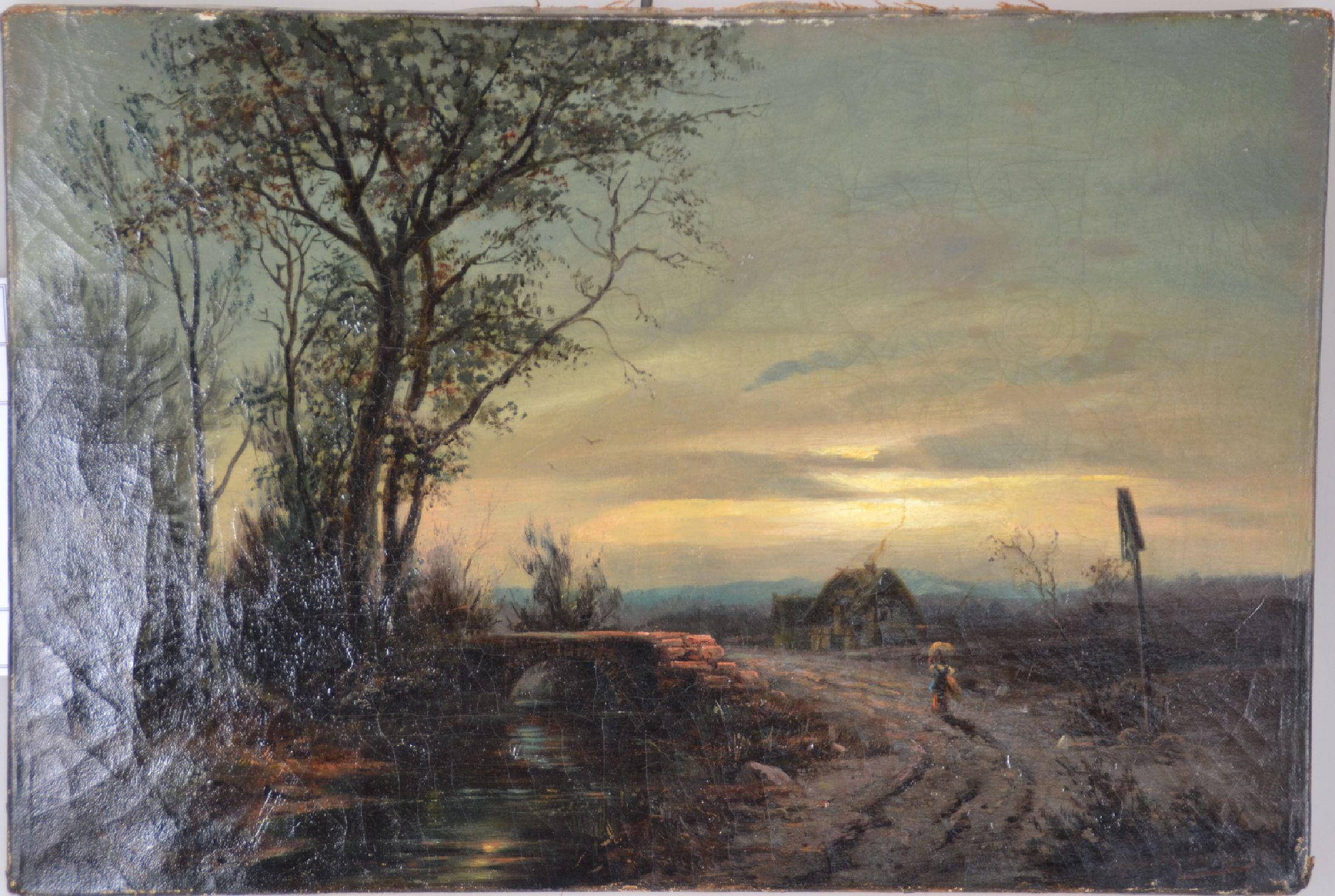 Detail b: Unleserlich signiert: G. Sa..., datiert (18)83, Resigsammlerin auf dem Heimweg in der Abenddämmerung, seitlich links eine steinerne Brücke, ...