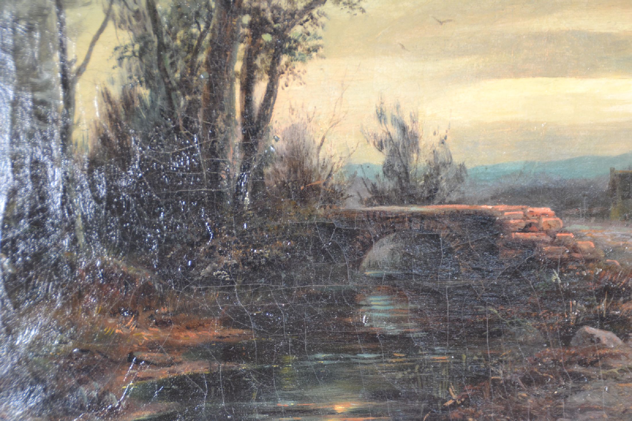 Detail c: Unleserlich signiert: G. Sa..., datiert (18)83, Resigsammlerin auf dem Heimweg in der Abenddämmerung, seitlich links eine steinerne Brücke, ...