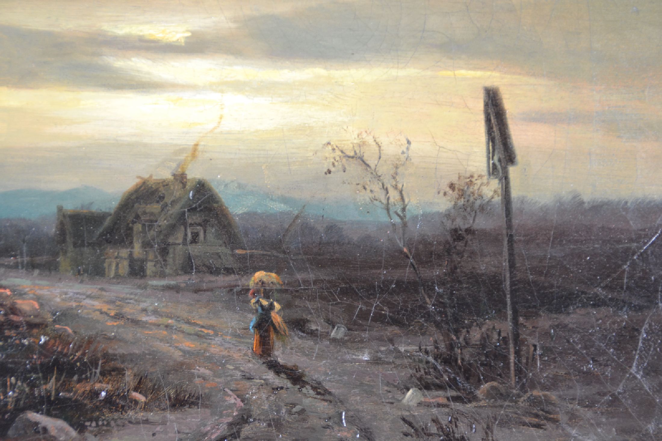 Detail d: Unleserlich signiert: G. Sa..., datiert (18)83, Resigsammlerin auf dem Heimweg in der Abenddämmerung, seitlich links eine steinerne Brücke, ...
