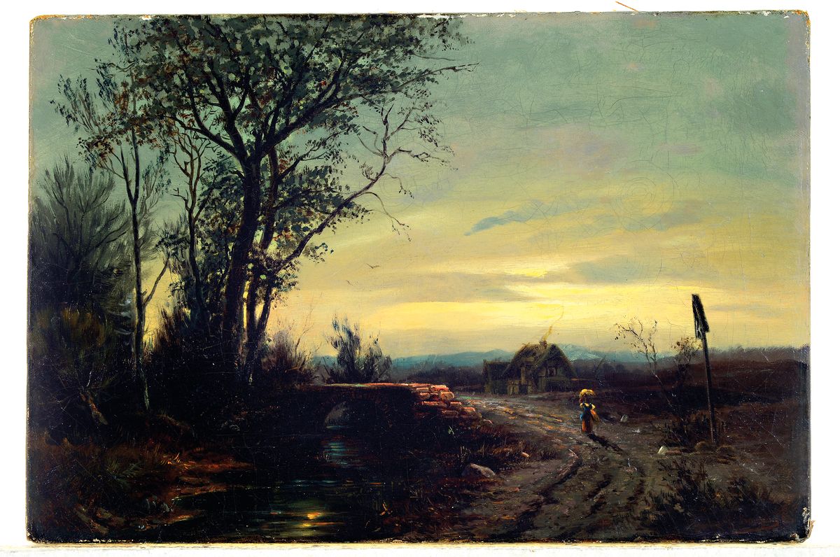 Detail k: Unleserlich signiert: G. Sa..., datiert (18)83, Resigsammlerin auf dem Heimweg in der Abenddämmerung, seitlich links eine steinerne Brücke, ...