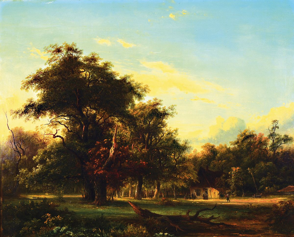 Zuschreibung: Barend Cornelis Koekkoek, 1803 Middelburg-1862 Kleve, Lichtung am Waldrand mit Personen vor einem Haus, Öl/Lwd, rest., doubliert, ...