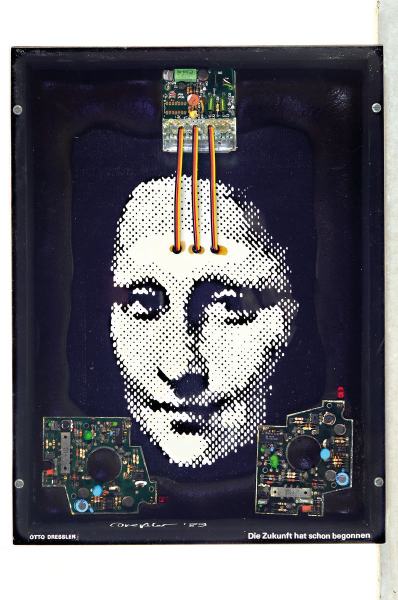 Otto Dressler, 1930 Braubach - 2006 München, Objektkasten, "Die Zukunft hat schon begonnen"innen handsigniert und dat. 89, ca. 40 x 30 x ...