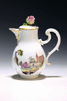 Image 26714921 - Rococo jug, Meissen, around 1745, design by Johann Joachim Kaendler Form Dulong, landscape paintings on both sides: gallant couple crossing with a boat or rider in conversation with elegant gentleman, fine miniature painting, gold decoration, lid also with miniature, rest., H .approx. 16.5 cm