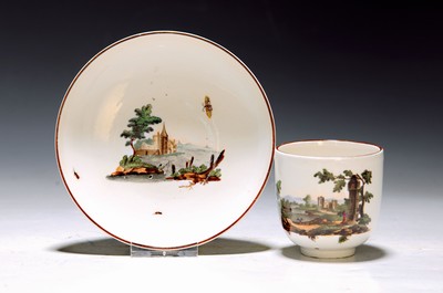 Image 26714965 - Cup with saucer, Höchst, around 1770, porcelain, landscape depiction with people, anglers at the lake or lake landscape with marterl/wayside shrine, brown edges, H. approx. 6.8cm, saucer D. 13.3 cm