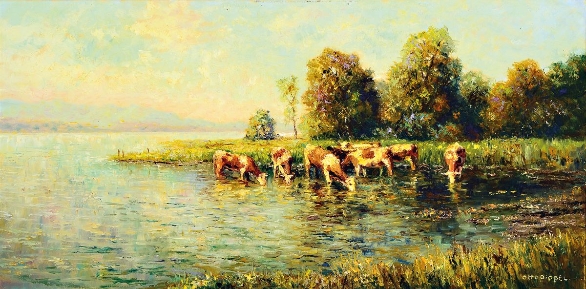 Otto Pippel, 1878 Lodz - 1960 Planegg, Kühe im Uferwasser, wohl Chiemseelandschaft Vgl. Lit. Reiner 1948, markantes Querformat, Öl/Lwd, rechts ...