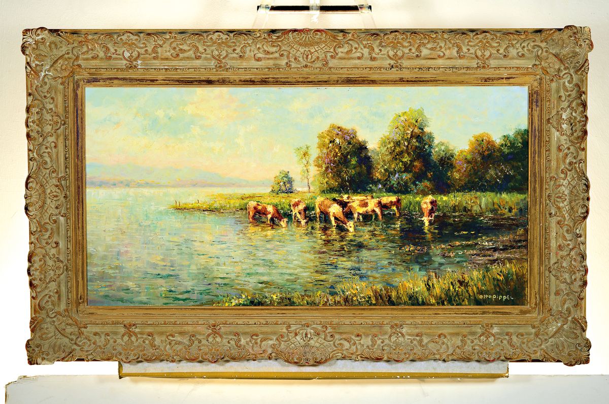 Detail k: Otto Pippel, 1878 Lodz - 1960 Planegg, Kühe im Uferwasser, wohl Chiemseelandschaft Vgl. Lit. Reiner 1948, markantes Querformat, Öl/Lwd, rechts ...