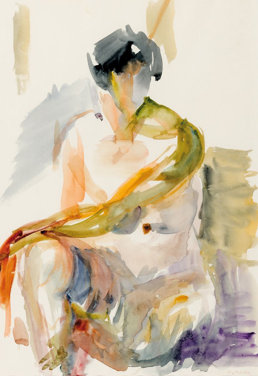 Herta Mora, 1904 Riga-1980 Stuttgart, 3 Aquarelle: Sitzende, rechts unten sign., ca. 58x40cm, PP, u.Gl., R. ca. 81x61cm; Menschen im Gespräch, links ...