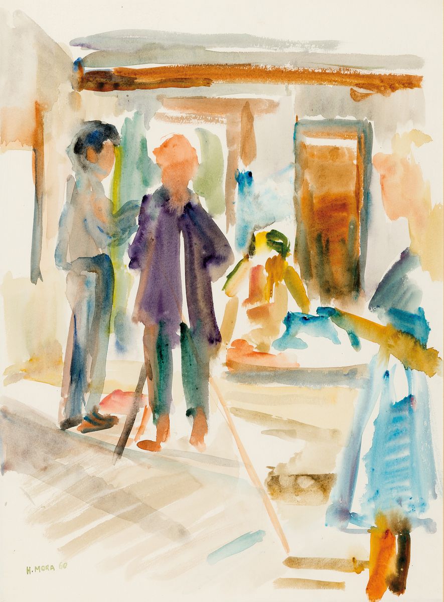 Detail e: Herta Mora, 1904 Riga-1980 Stuttgart, 3 Aquarelle: Sitzende, rechts unten sign., ca. 58x40cm, PP, u.Gl., R. ca. 81x61cm; Menschen im Gespräch, links ...
