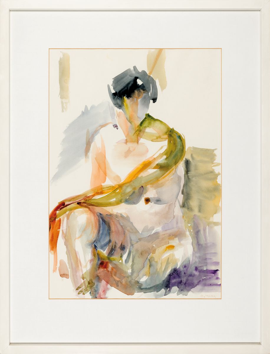 Detail k: Herta Mora, 1904 Riga-1980 Stuttgart, 3 Aquarelle: Sitzende, rechts unten sign., ca. 58x40cm, PP, u.Gl., R. ca. 81x61cm; Menschen im Gespräch, links ...