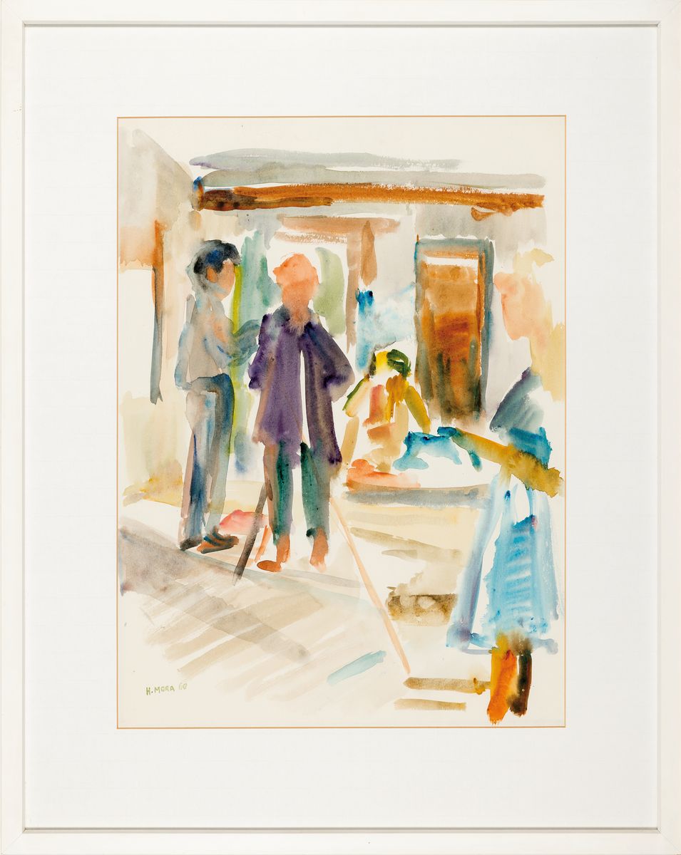 Detail p: Herta Mora, 1904 Riga-1980 Stuttgart, 3 Aquarelle: Sitzende, rechts unten sign., ca. 58x40cm, PP, u.Gl., R. ca. 81x61cm; Menschen im Gespräch, links ...