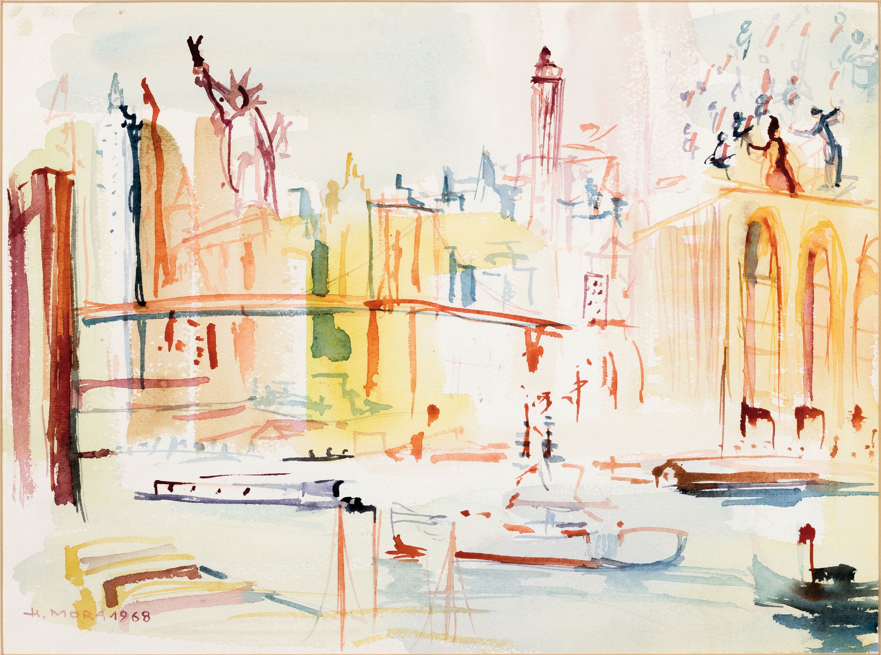 Herta Mora, 1904 Riga-1980 Stuttgart, 3 Aquarelle: Segelboote am Steg, re. u. sign., gebräunt, ca. 25x39cm, u.Gl., R. ca. 46x58cm;Schloß Montfort ...