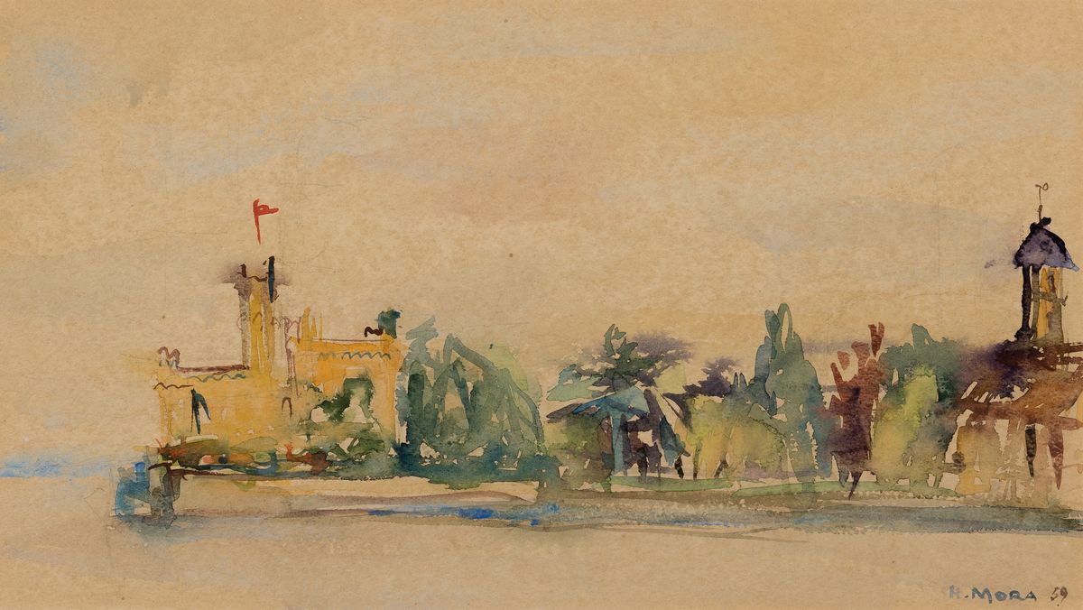 Detail b: Herta Mora, 1904 Riga-1980 Stuttgart, 3 Aquarelle: Segelboote am Steg, re. u. sign., gebräunt, ca. 25x39cm, u.Gl., R. ca. 46x58cm;Schloß Montfort ...