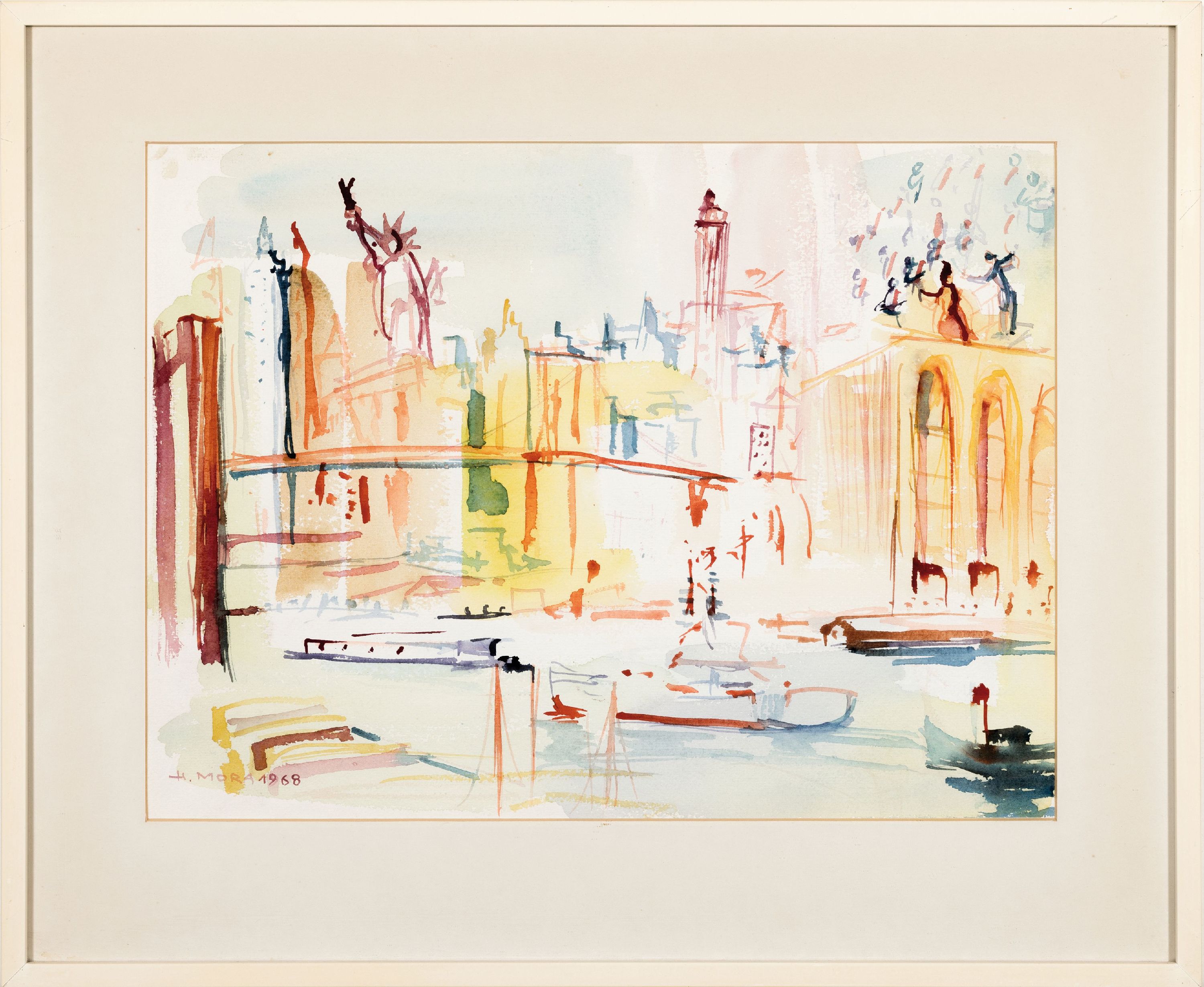 Detail k: Herta Mora, 1904 Riga-1980 Stuttgart, 3 Aquarelle: Segelboote am Steg, re. u. sign., gebräunt, ca. 25x39cm, u.Gl., R. ca. 46x58cm;Schloß Montfort ...