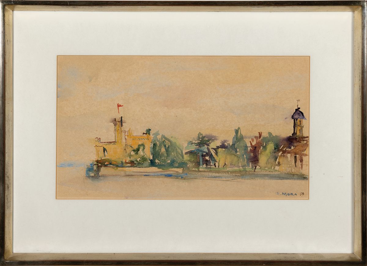 Detail m: Herta Mora, 1904 Riga-1980 Stuttgart, 3 Aquarelle: Segelboote am Steg, re. u. sign., gebräunt, ca. 25x39cm, u.Gl., R. ca. 46x58cm;Schloß Montfort ...
