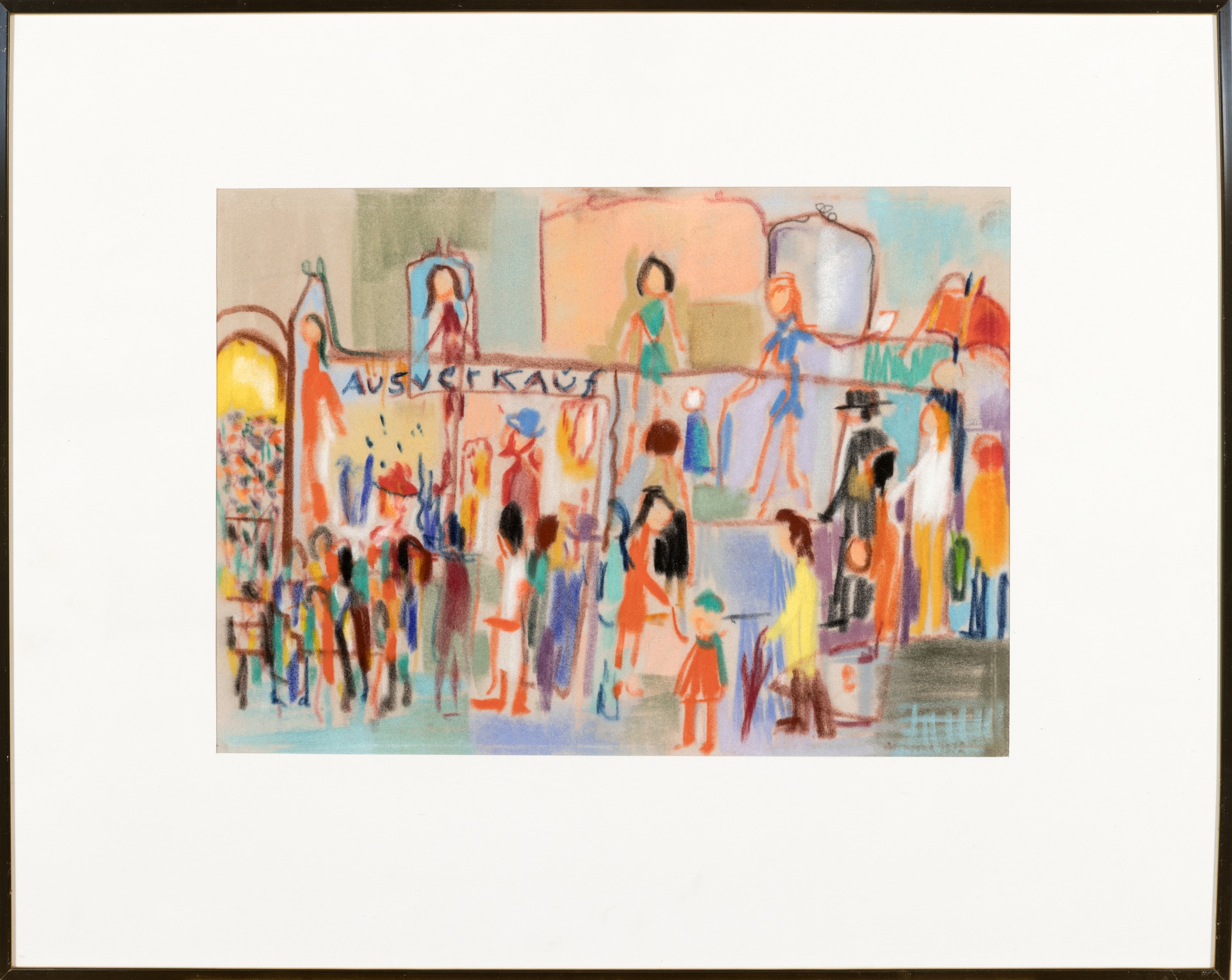 Herta Mora, 1904 Riga-1980 Stuttgart, 3 Pastellen: Menschen vor dem Kaufhaus, ca. 23x32cm, PP, u.Gl., R: ca. 40x50cm; Abstrakte Farbkomposition, re. ...