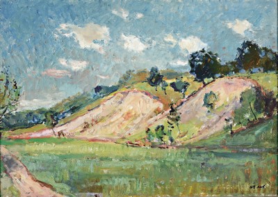 Image 26715058 - Ludwig Bock, 1886-1971 Munich, landscape with slope mudflows, impressive view in a loose setting, signed lower right, oil/painting board, 70x100 cm, frame 77x107 cm; early training in the Haimhausen artists' colony, studied at the Munich Academy, master student of Heinrich von Zügel