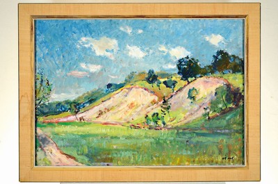 26715058k - Ludwig Bock, 1886-1971 Munich, landscape with slope mudflows, impressive view in a loose setting, signed lower right, oil/painting board, 70x100 cm, frame 77x107 cm; early training in the Haimhausen artists' colony, studied at the Munich Academy, master student of Heinrich von Zügel