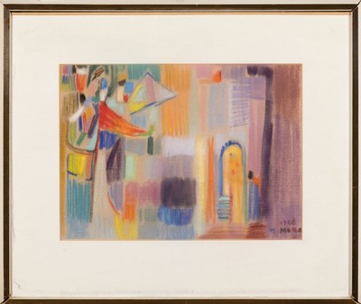 26715070l - Herta Mora, 1904 Riga-1980 Stuttgart, 3 pastels: people in front of the department store, approx. 23x32cm, PP, etc., frame approx. 40x50cm; Abstract color composition, right. u. sign. and dated 1968, approx. 23x31cm, PP, etc., frame approx. 40x48cm; On the street, right. u. sign. and dated 69, approx. 15x14cm, PP, etc., frame approx. 27x26cm