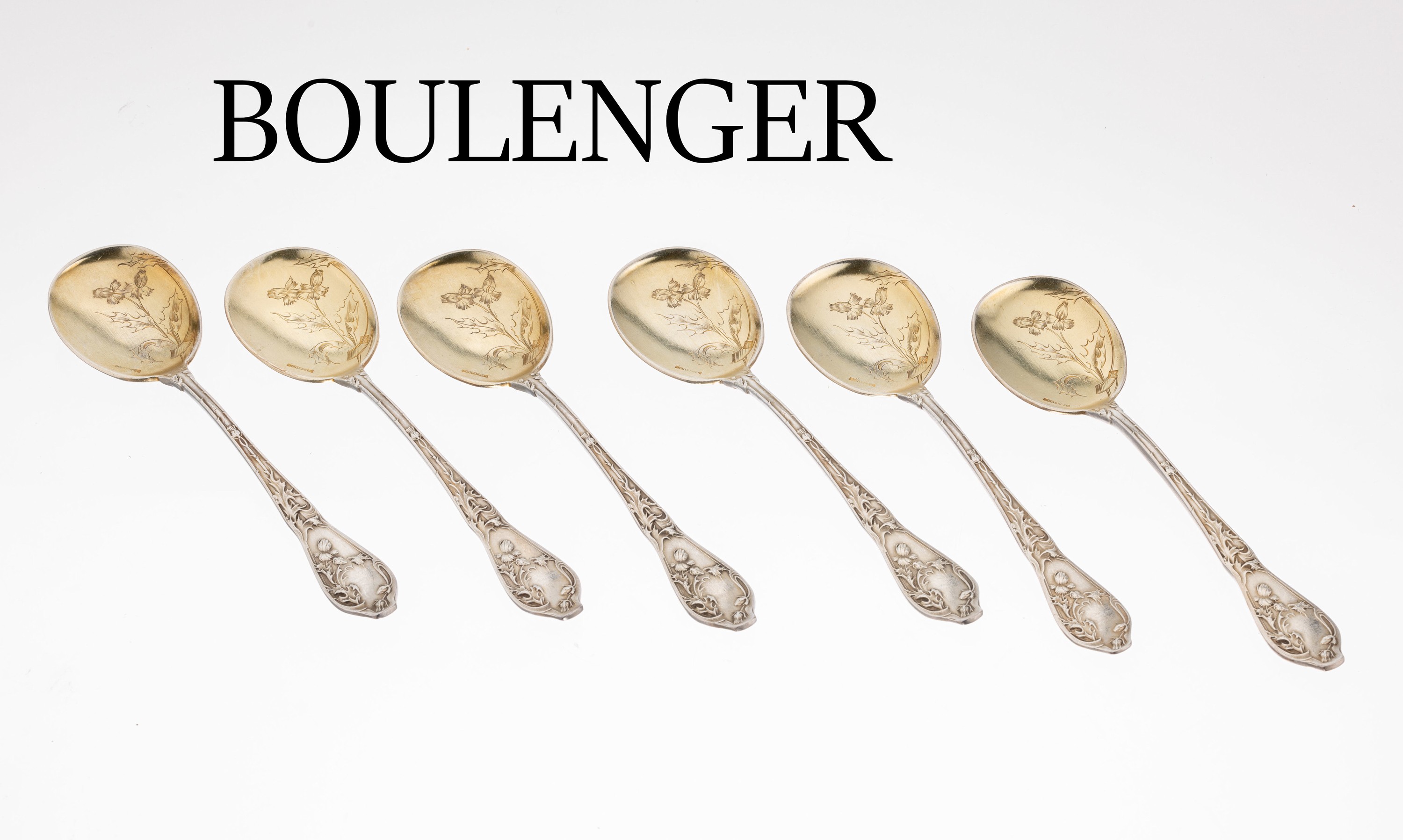 6 Eislöffel, Frankreich um 1900, reiner Jugendstil, Metall versilbert und teilvergoldet, Meistermarke BOULENGER, zeit- typ. floraler Dekor mit ...