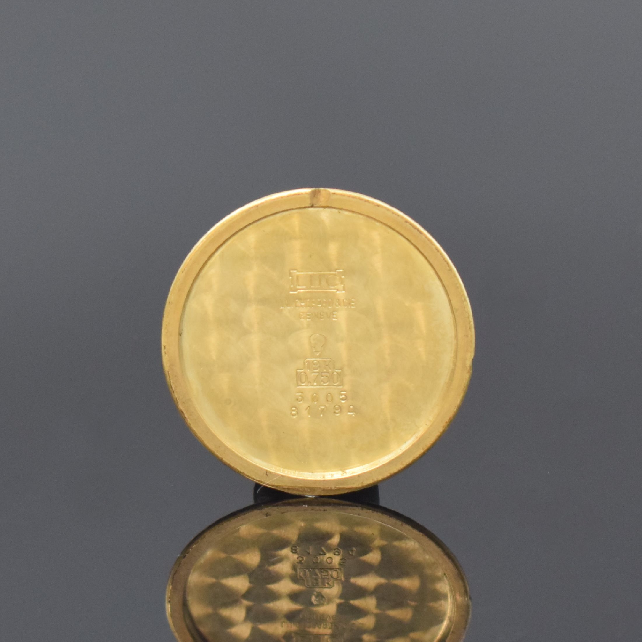 Detail b: CHOPARD Damentaschenuhr in GG 750/000, Schweiz um 1980, Handaufzug, glattes Geh. m. geripptem Rand, Boden aufgedr., weißes Zifferbl., röm. Zahlen, ...