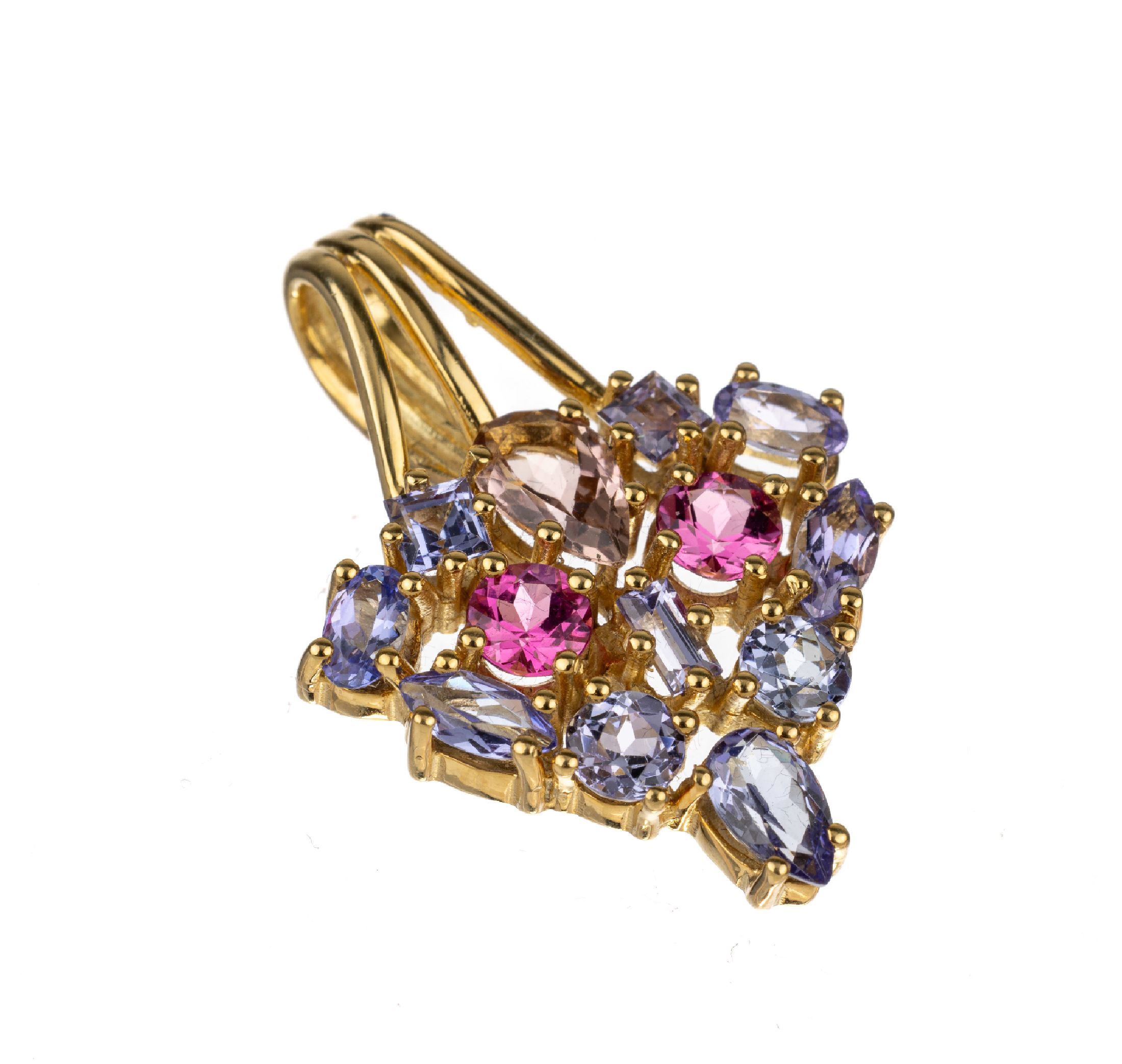 14 kt Gold Farbstein-Anhänger, GG 585/000, facett. Tansanite und Rubellite zus. ca. 4.0 ct, ca. 7.3 g, L. ca. 3 cm