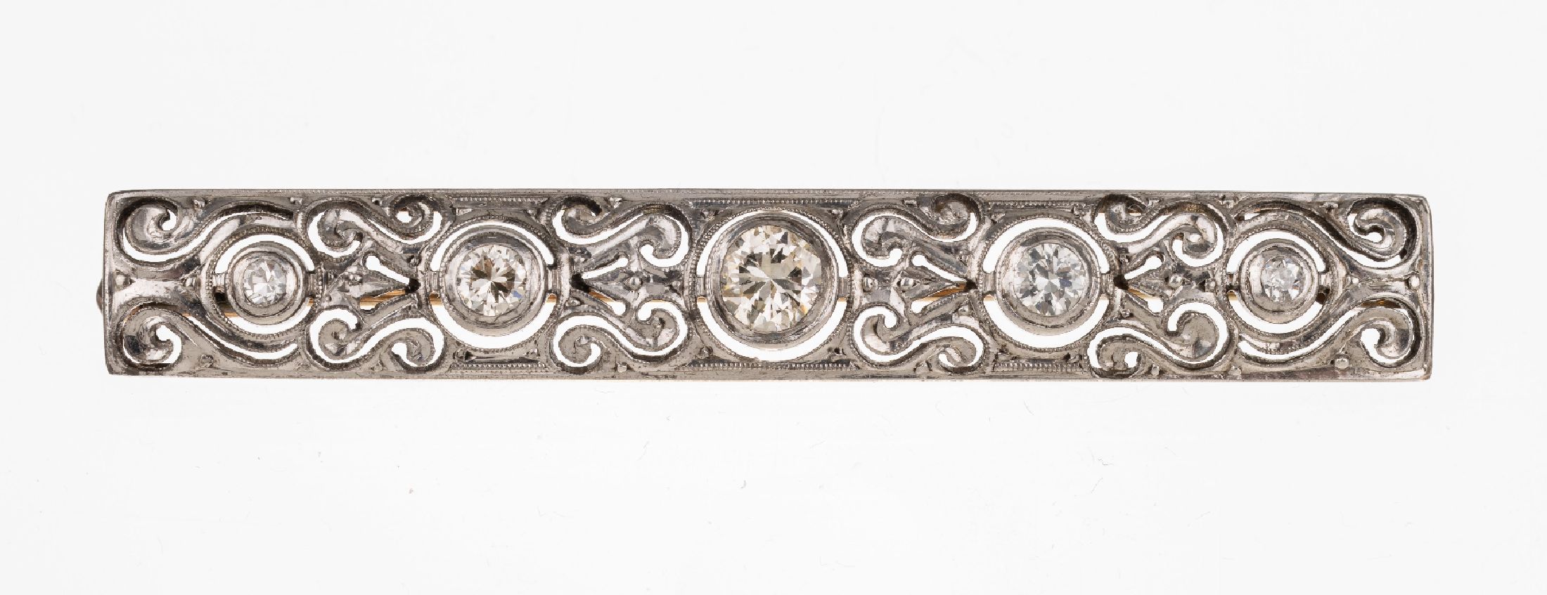 Art-Deco Diamant Brosche mit Diamanten, Platin und GG 750/000, um 1930, 5 Altschliff -Diamanten zus. ca. 0.60 ct Weiß-l.get.Weiß/si-p1, ...
