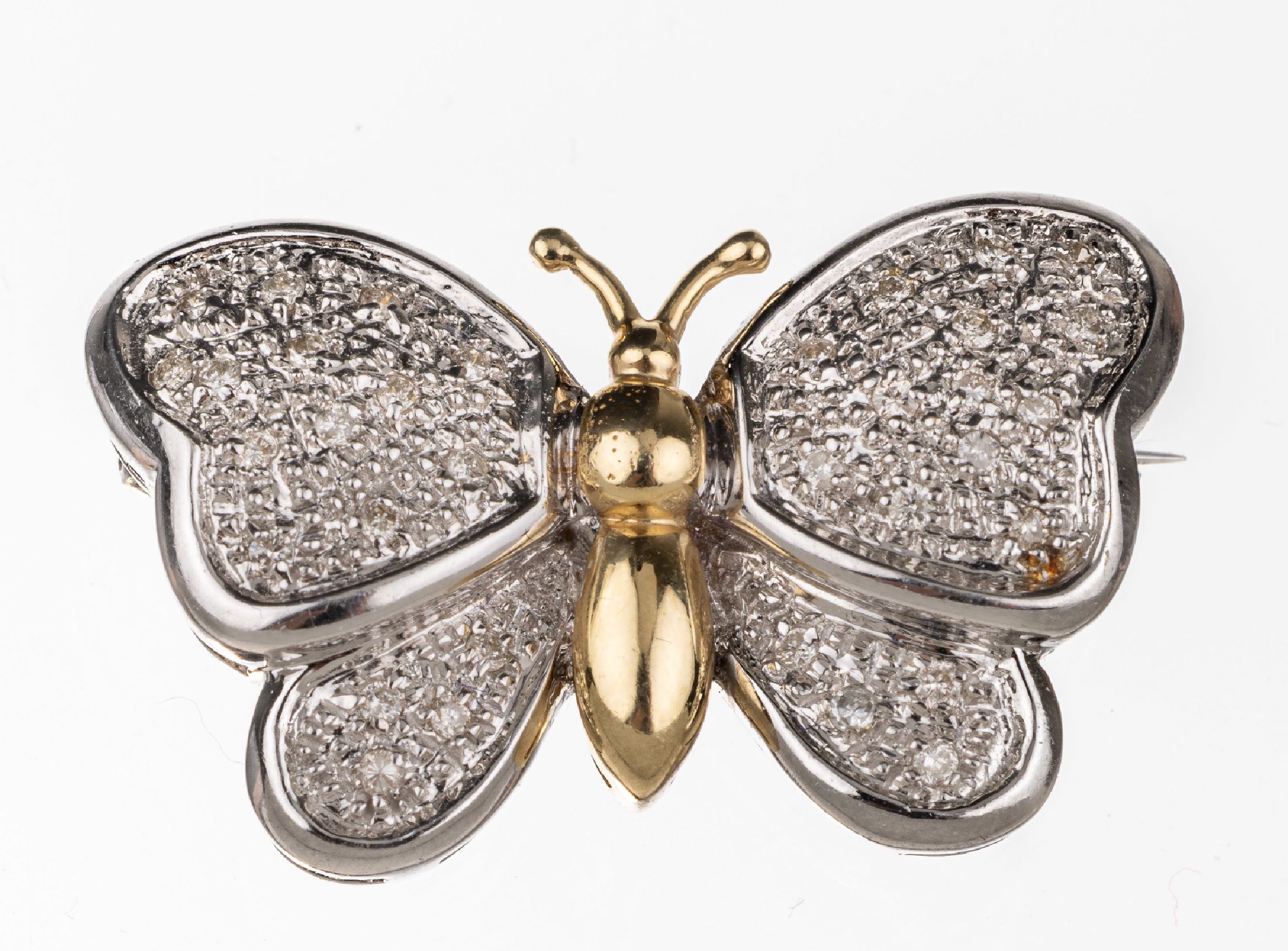 14 kt Gold Brillant-Brosche "Schmetterling", GG/WG 585/000, Diamanten zus. ca. 0.20 ct Weiß/si, ca. 2.5 cm, ca. 6.3 g