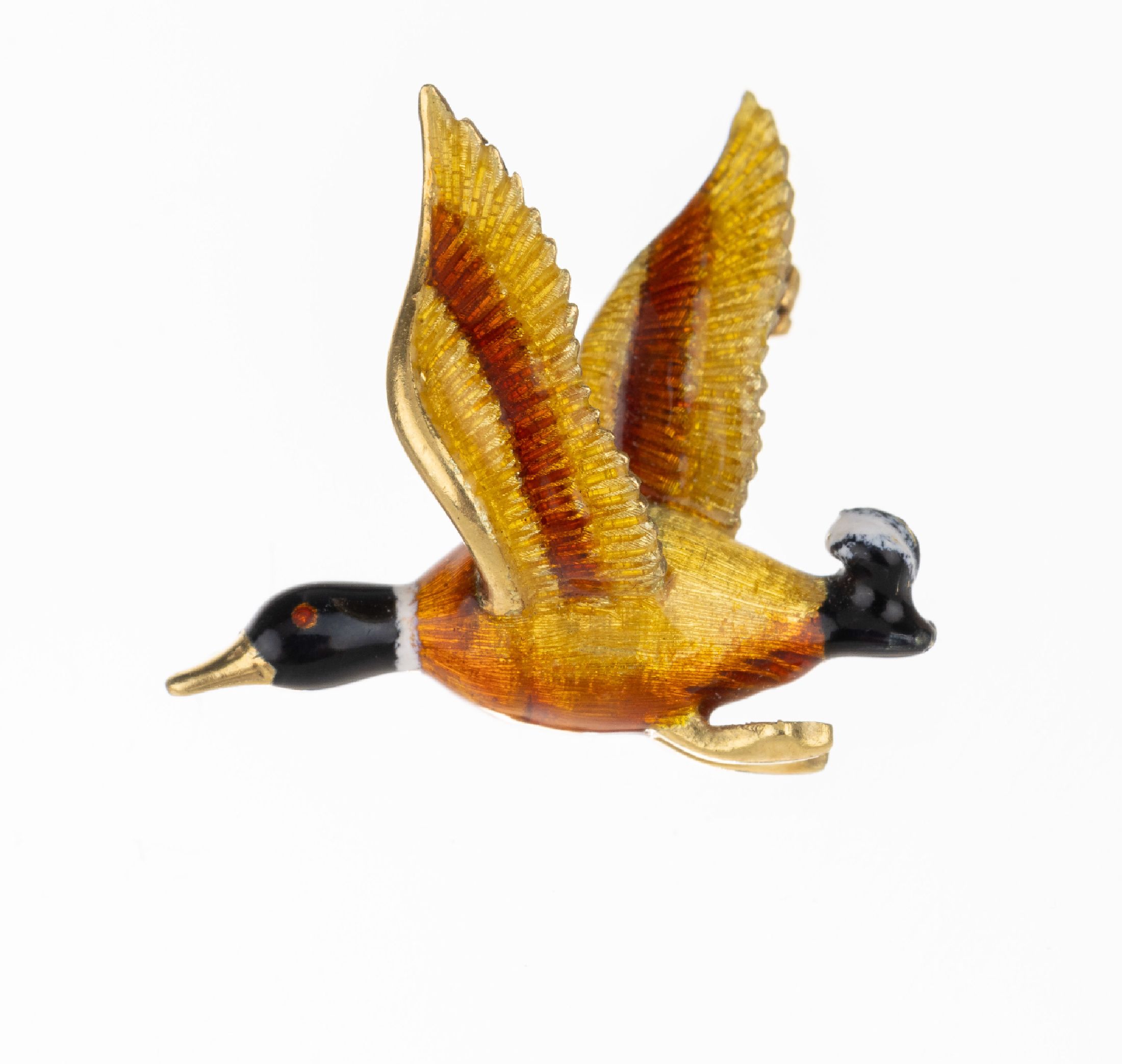 18 kt Gold Brosche "Ente" mit Email, GG 750/000, Darstellung einer Ente im Flug, Körper und Flügel gelb/orange emailliert, Kopfund ...