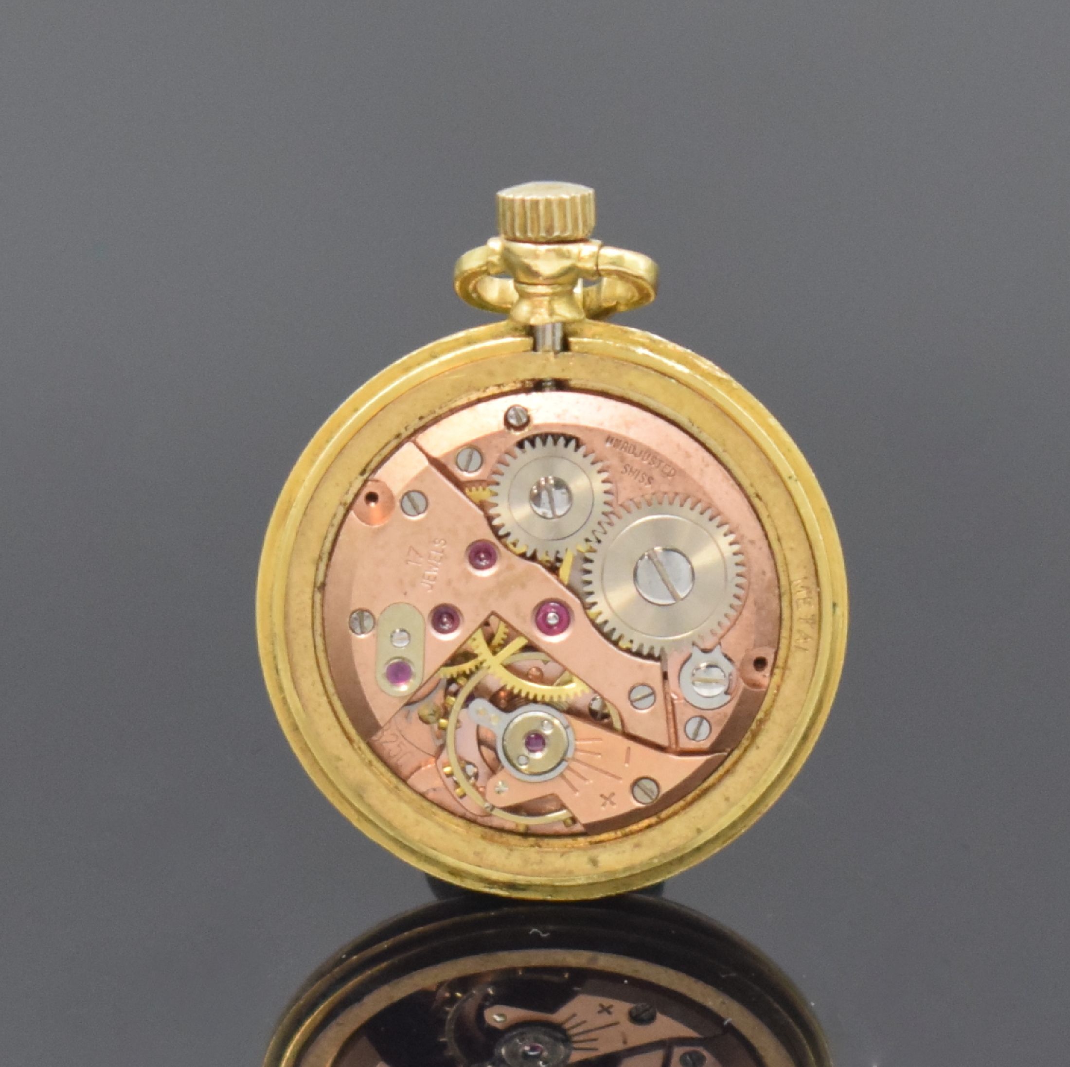 Detail b: MONTREUX offene Damen-Taschen-/Anhängeuhr in GG 750/000, Handaufzug, Schweiz um 1950, 2- teil. Geh. aufw. graviert und transluzid grün emailliert, ...