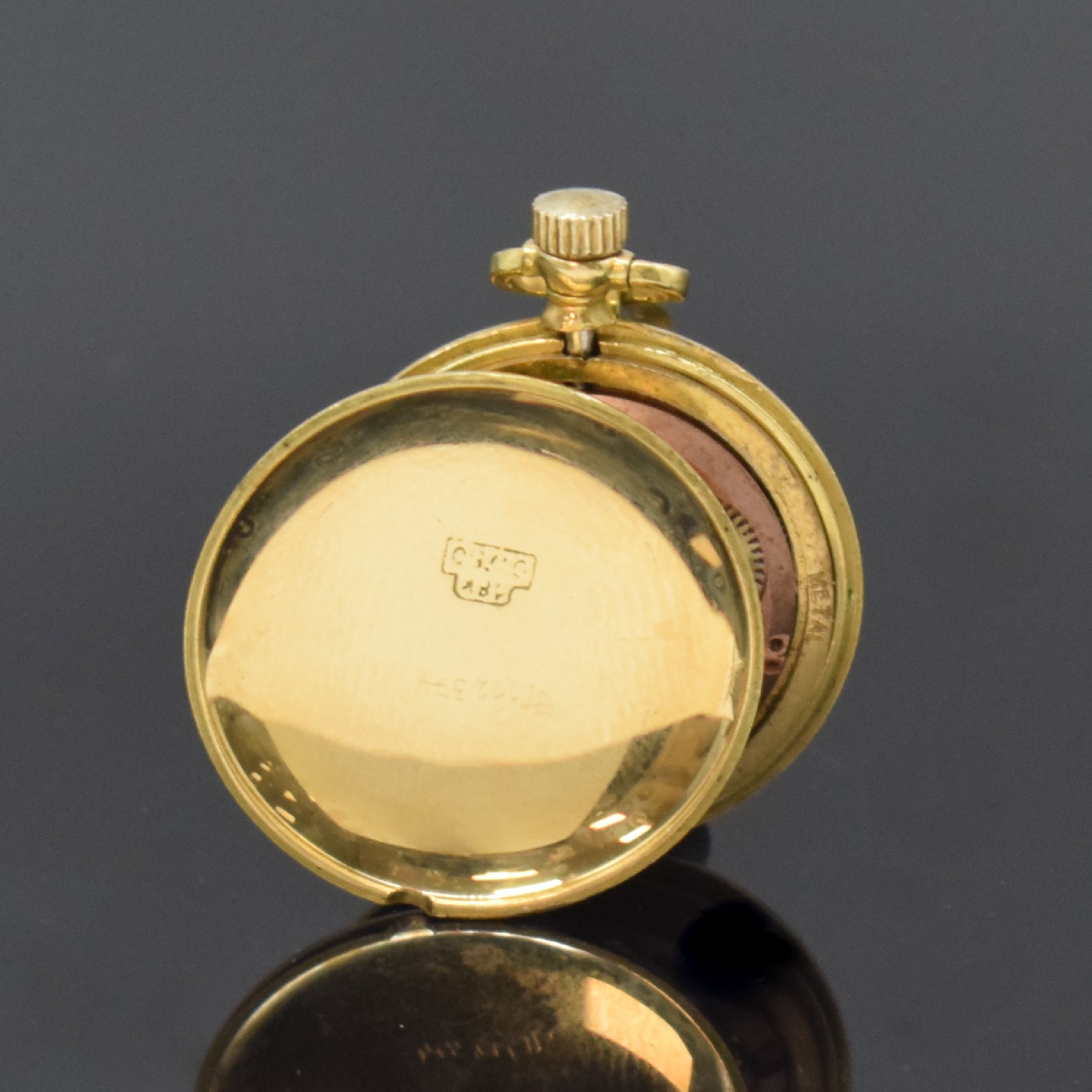 Detail c: MONTREUX offene Damen-Taschen-/Anhängeuhr in GG 750/000, Handaufzug, Schweiz um 1950, 2- teil. Geh. aufw. graviert und transluzid grün emailliert, ...